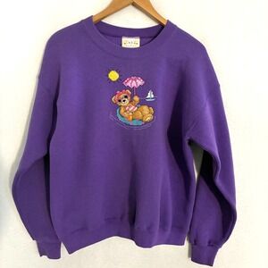 Vtg 90s Embroidered Bear USA Made Sweatshirt Womens L Heavyweight Beach Pullover